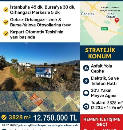 Bursa Orhangazi Gedelek’te Stratejik Konumda 2 Prestijli Arsa!